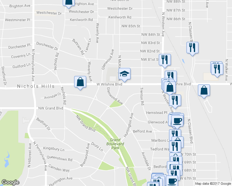 map of restaurants, bars, coffee shops, grocery stores, and more near 7198 Brentwood Avenue in Nichols Hills