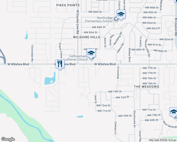 map of restaurants, bars, coffee shops, grocery stores, and more near 7713 Geneva Rae Lane in Yukon