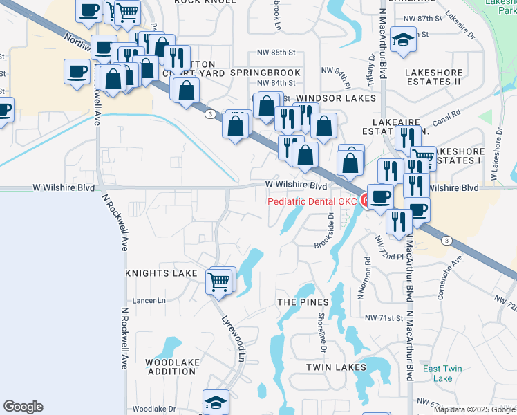 map of restaurants, bars, coffee shops, grocery stores, and more near 7806 Lyrewood Lane in Oklahoma City