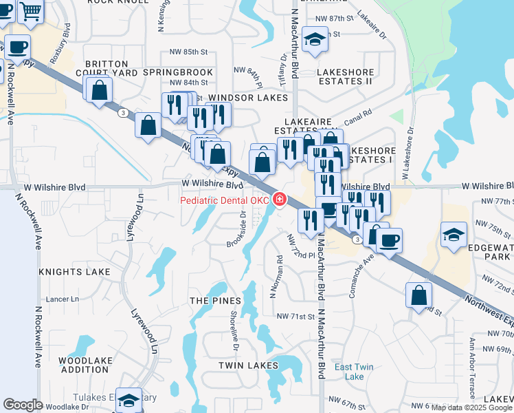 map of restaurants, bars, coffee shops, grocery stores, and more near 6030 Northwest Expressway in Warr Acres