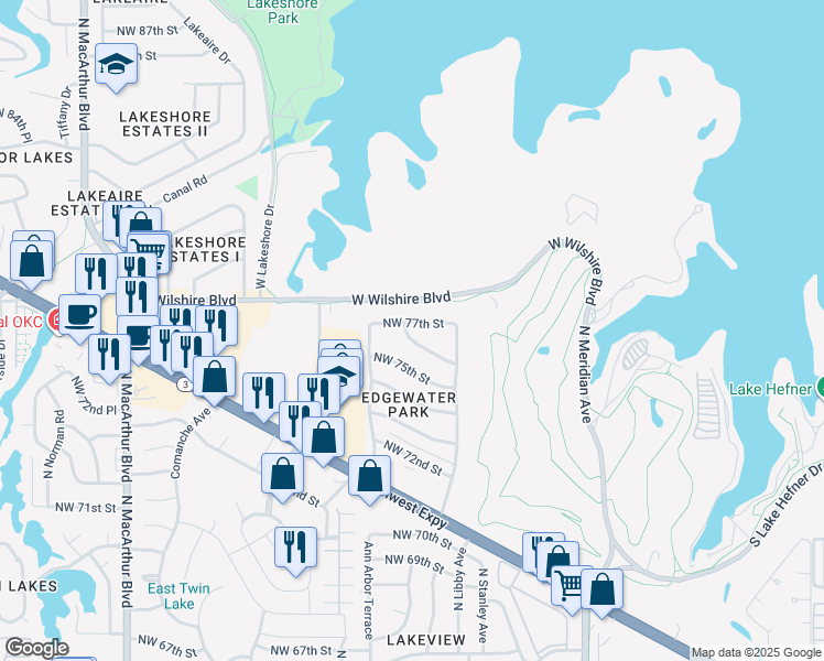 map of restaurants, bars, coffee shops, grocery stores, and more near 4729 Northwest 76th Street in Oklahoma City