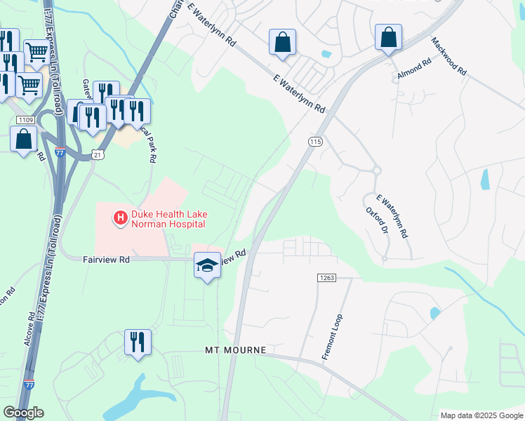 map of restaurants, bars, coffee shops, grocery stores, and more near Leslie Loop in Mooresville
