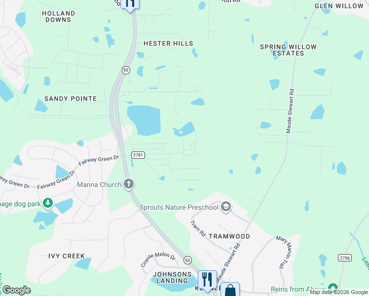 map of restaurants, bars, coffee shops, grocery stores, and more near 7909 Denson Road in Wake County