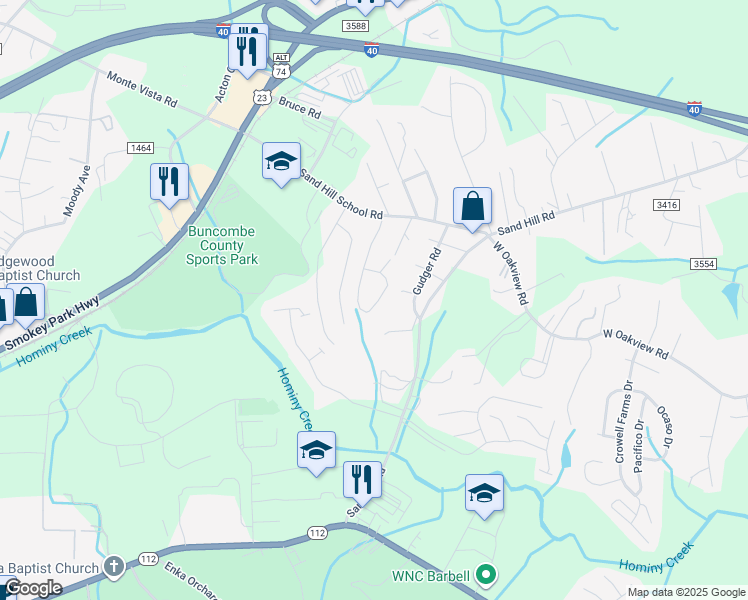 map of restaurants, bars, coffee shops, grocery stores, and more near 58 Kirby Road in Asheville