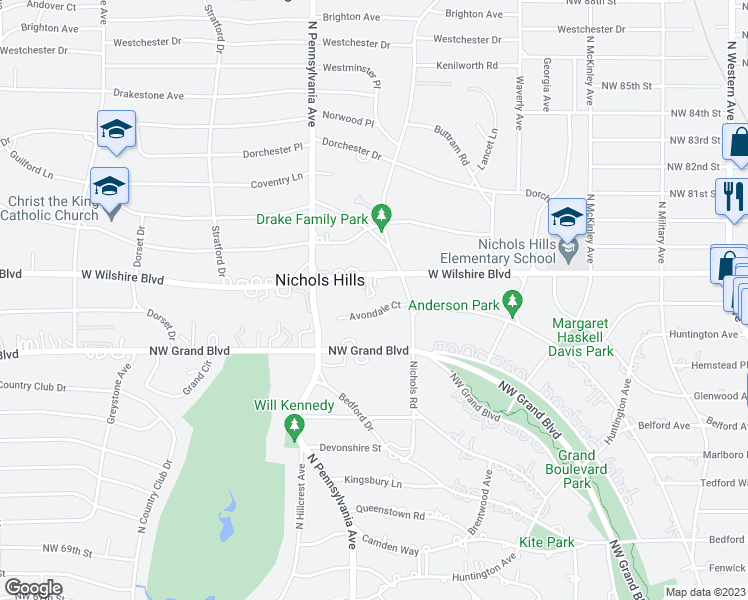 map of restaurants, bars, coffee shops, grocery stores, and more near 1606 West Wilshire Boulevard in Nichols Hills