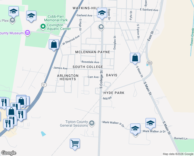 map of restaurants, bars, coffee shops, grocery stores, and more near 1504 South College Street in Covington