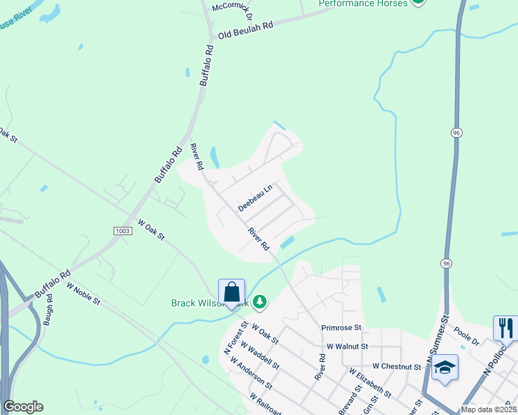 map of restaurants, bars, coffee shops, grocery stores, and more near 107 Shady Grove Court in Selma