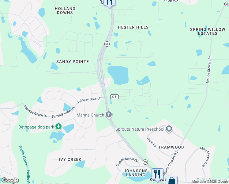 map of restaurants, bars, coffee shops, grocery stores, and more near 7621 North Carolina 55 in Wake County