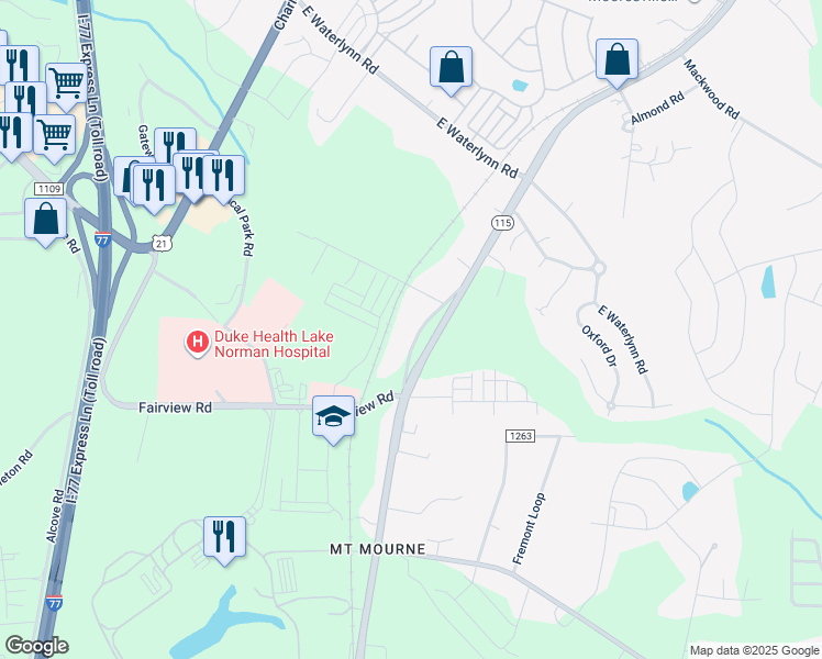 map of restaurants, bars, coffee shops, grocery stores, and more near 138 Leslie Loop in Mooresville