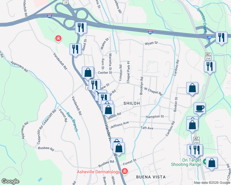 map of restaurants, bars, coffee shops, grocery stores, and more near 926 West Chapel Road in Asheville