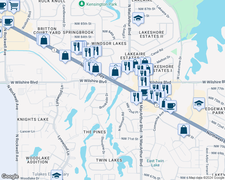 map of restaurants, bars, coffee shops, grocery stores, and more near 6036 Northwest Expressway in Warr Acres