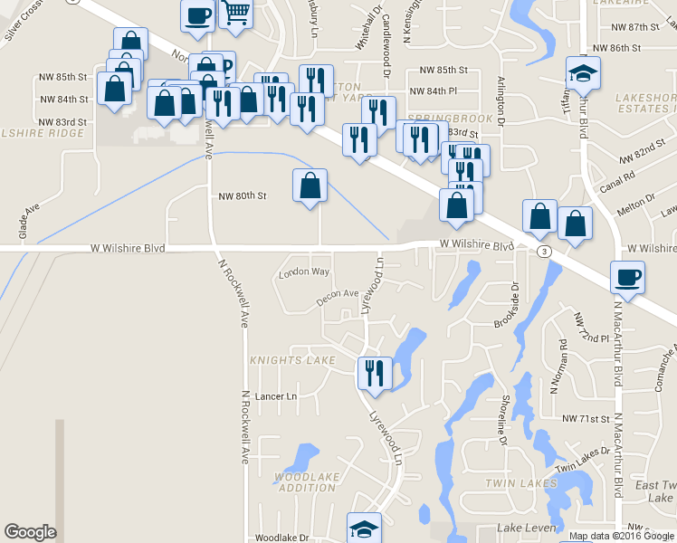 map of restaurants, bars, coffee shops, grocery stores, and more near 7817 Lyrewood Lane in Oklahoma City