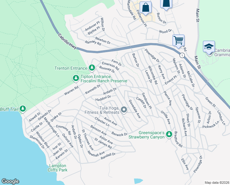 map of restaurants, bars, coffee shops, grocery stores, and more near Cowper Street in Cambria