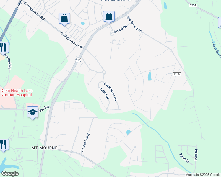 map of restaurants, bars, coffee shops, grocery stores, and more near 376 East Waterlynn Road in Mooresville