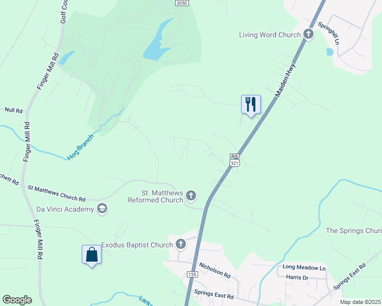 map of restaurants, bars, coffee shops, grocery stores, and more near 3439 Glenwood Lane in Maiden