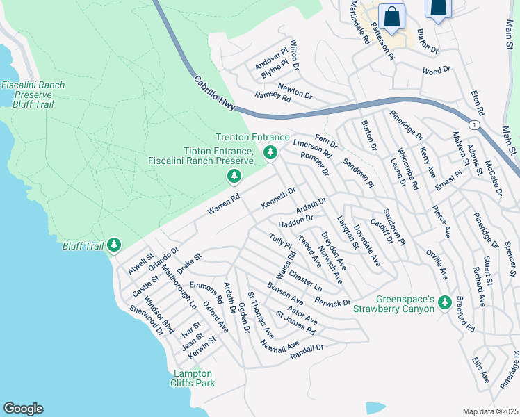 map of restaurants, bars, coffee shops, grocery stores, and more near Kenneth Drive in Cambria