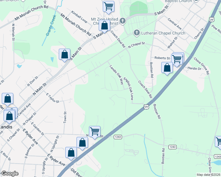 map of restaurants, bars, coffee shops, grocery stores, and more near 1600 Sandhill Oak Court in Landis