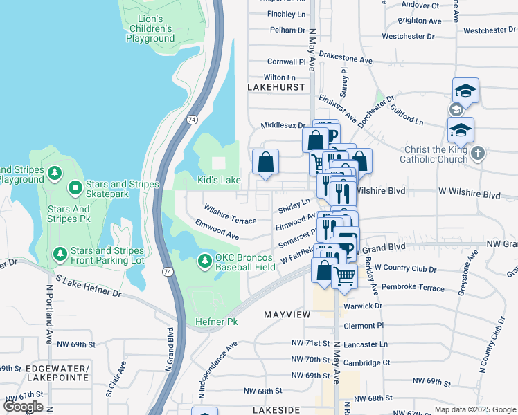 map of restaurants, bars, coffee shops, grocery stores, and more near 7802 Old Hickory Lane in Oklahoma City