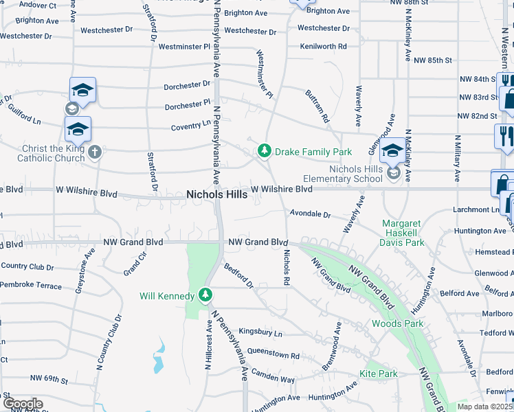 map of restaurants, bars, coffee shops, grocery stores, and more near 1606 West Wilshire Boulevard in Nichols Hills