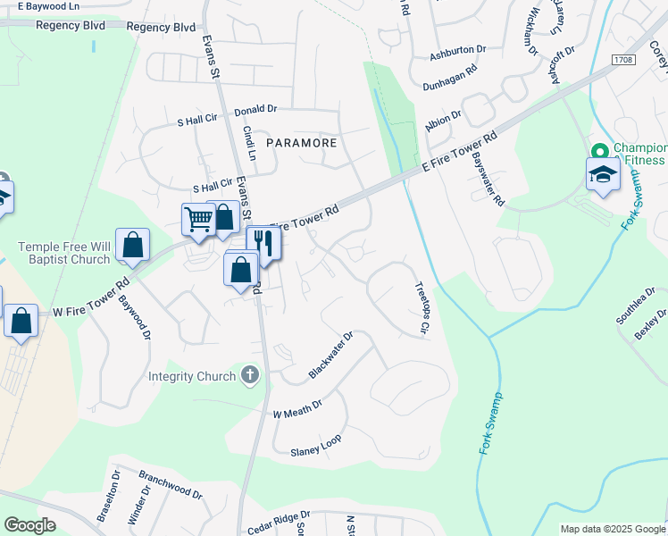 map of restaurants, bars, coffee shops, grocery stores, and more near 1516 Birch Place in Winterville
