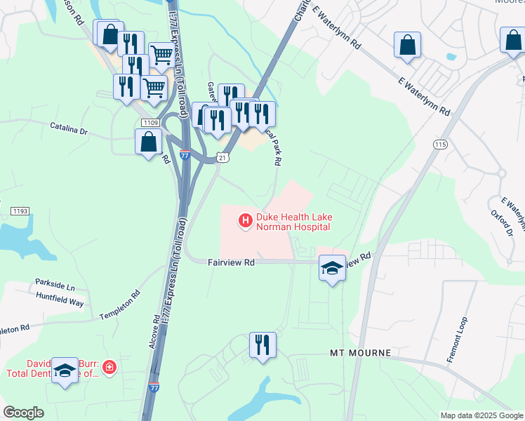 map of restaurants, bars, coffee shops, grocery stores, and more near State Road 1245 in Mooresville