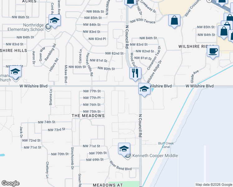 map of restaurants, bars, coffee shops, grocery stores, and more near 7705 Leichter Avenue in Oklahoma City