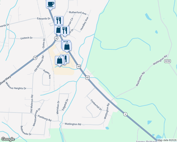 map of restaurants, bars, coffee shops, grocery stores, and more near 21 Meridian Springs Drive in Jackson