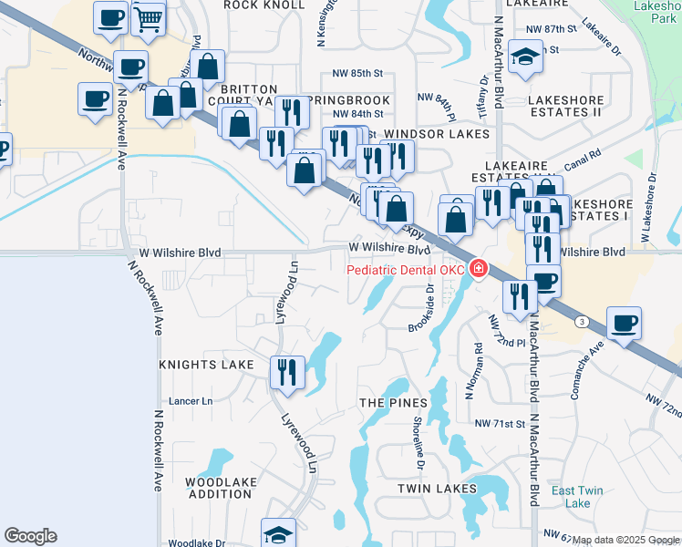 map of restaurants, bars, coffee shops, grocery stores, and more near 7832 Lyrewood Lane in Oklahoma City