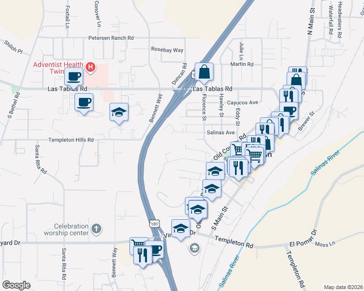 map of restaurants, bars, coffee shops, grocery stores, and more near 605 Ventana Del Robles in Templeton