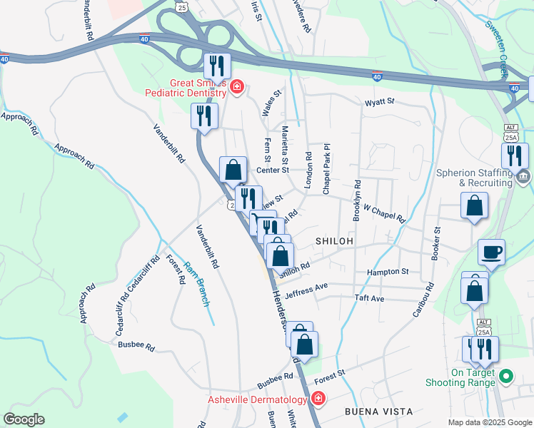 map of restaurants, bars, coffee shops, grocery stores, and more near 911 West Chapel Road in Asheville