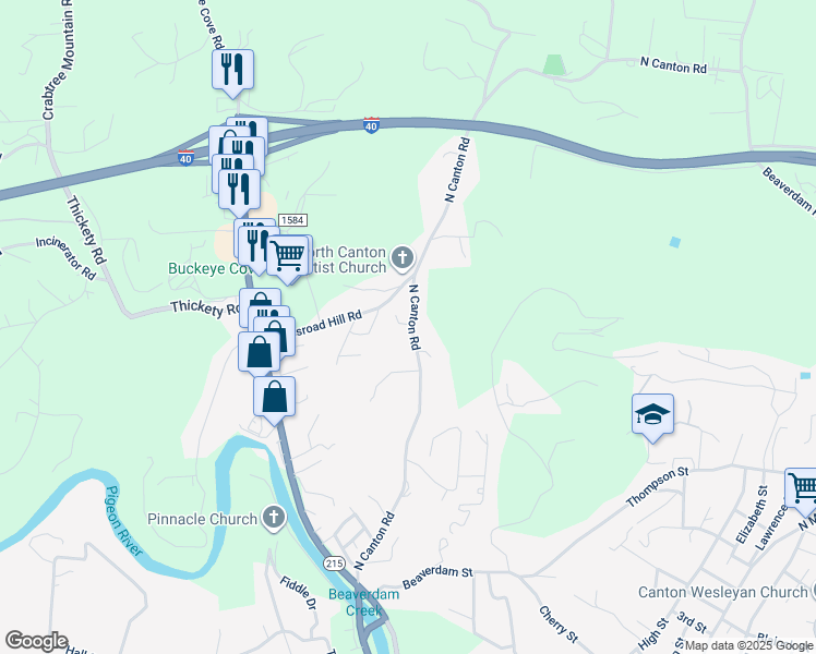map of restaurants, bars, coffee shops, grocery stores, and more near 615 North Canton Road in Canton