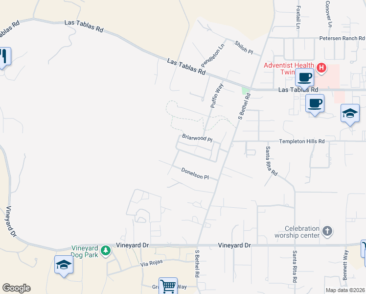 map of restaurants, bars, coffee shops, grocery stores, and more near 1730 Sandalwood Lane in Templeton