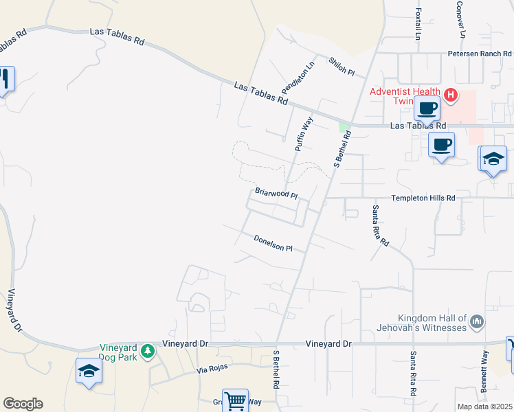 map of restaurants, bars, coffee shops, grocery stores, and more near 1730 Sandalwood Lane in Templeton