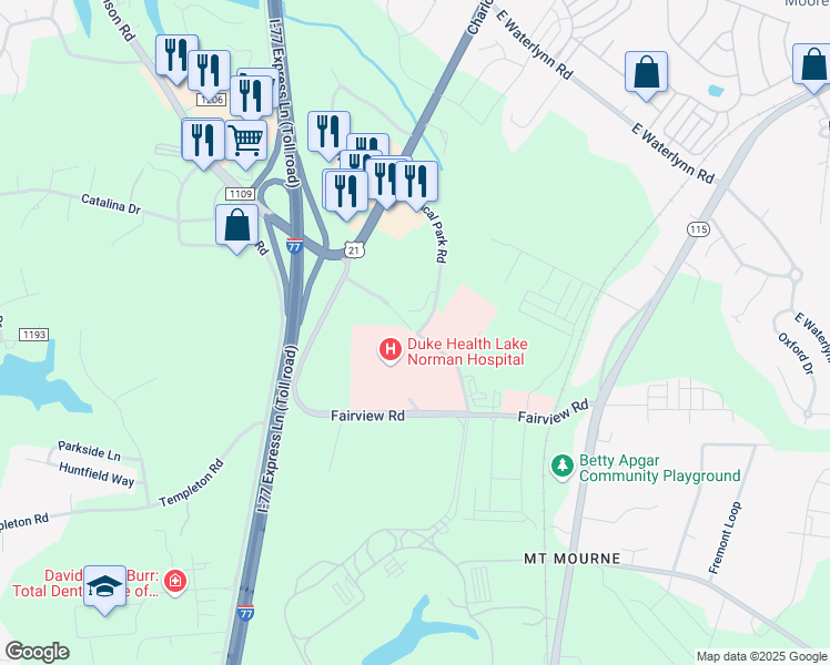 map of restaurants, bars, coffee shops, grocery stores, and more near State Road 1245 in Mooresville