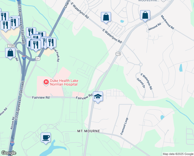 map of restaurants, bars, coffee shops, grocery stores, and more near Leslie Loop in Mooresville