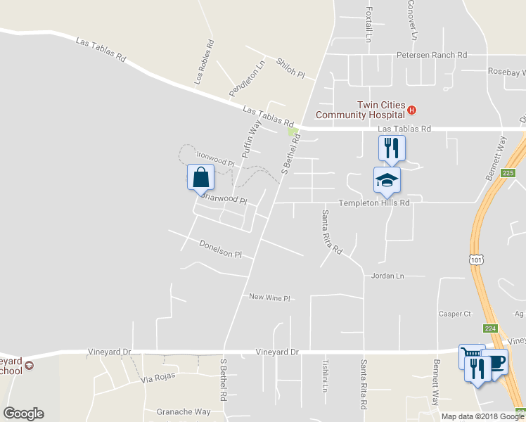 map of restaurants, bars, coffee shops, grocery stores, and more near 501 Burlwood Lane in Templeton