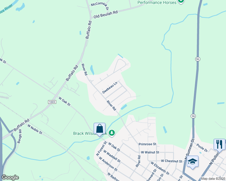 map of restaurants, bars, coffee shops, grocery stores, and more near 109 Shady Grove Court in Selma