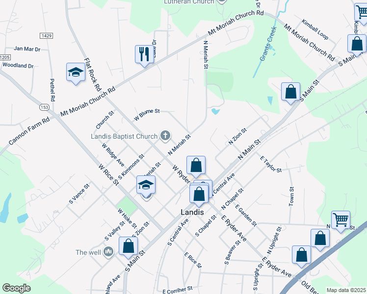 map of restaurants, bars, coffee shops, grocery stores, and more near 202 North Meriah Street in Landis