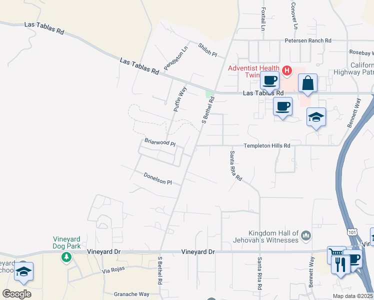 map of restaurants, bars, coffee shops, grocery stores, and more near 501 Burlwood Lane in Templeton