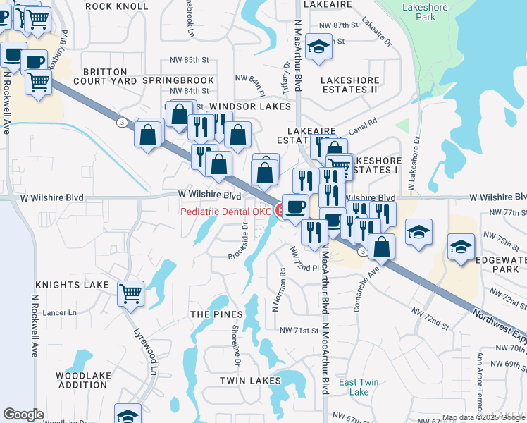 map of restaurants, bars, coffee shops, grocery stores, and more near 6036 Northwest Expressway in Warr Acres