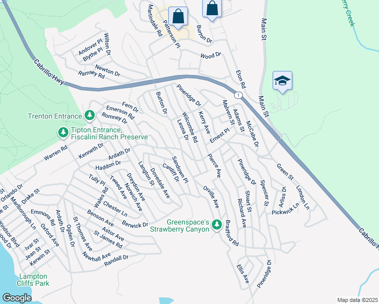 map of restaurants, bars, coffee shops, grocery stores, and more near 2275 Leona Drive in Cambria