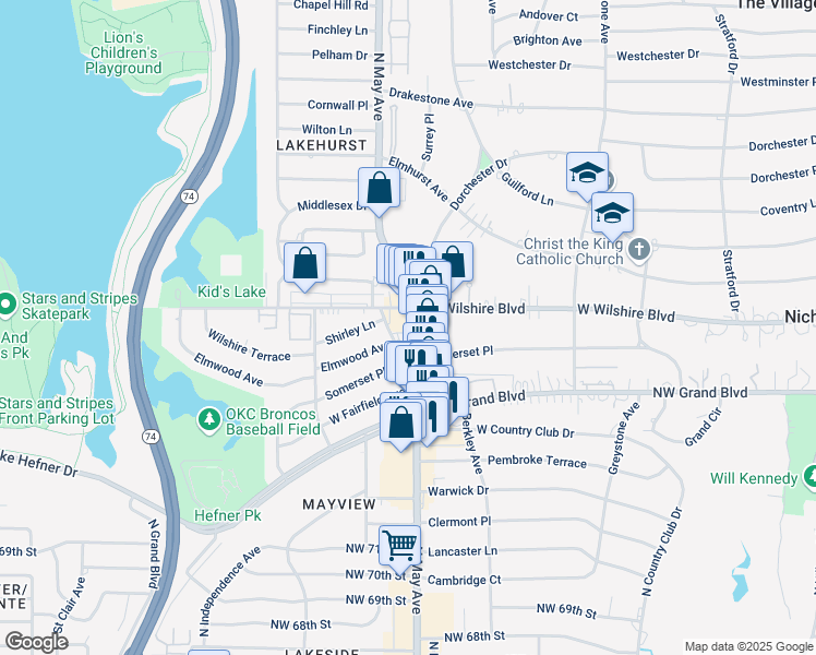 map of restaurants, bars, coffee shops, grocery stores, and more near 7727 North May Avenue in Oklahoma City