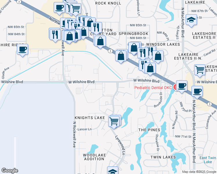 map of restaurants, bars, coffee shops, grocery stores, and more near 7817 Lyrewood Lane in Oklahoma City