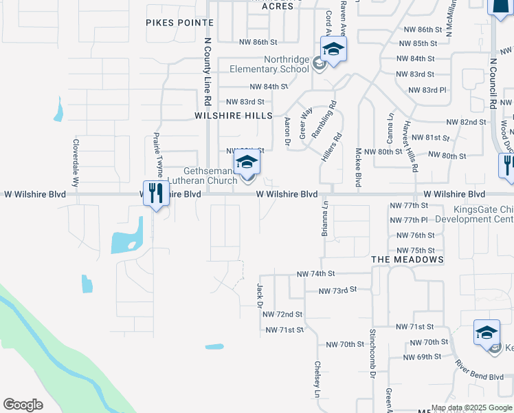 map of restaurants, bars, coffee shops, grocery stores, and more near 7708 Geneva Rea Lane in Yukon