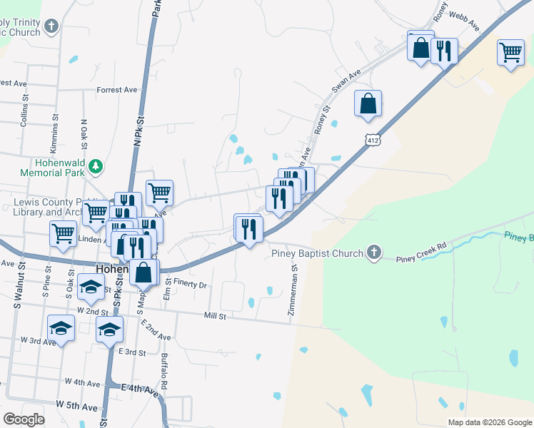 map of restaurants, bars, coffee shops, grocery stores, and more near 417 East Main Street in Hohenwald