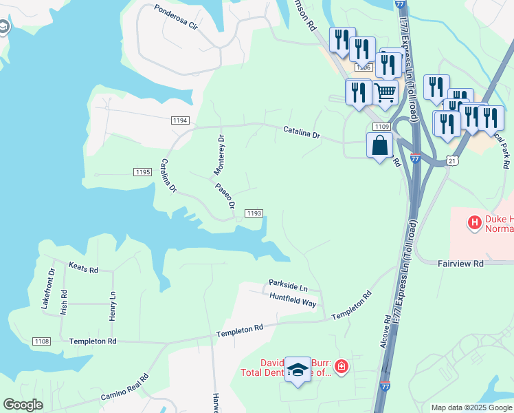 map of restaurants, bars, coffee shops, grocery stores, and more near Catalina Drive in Mooresville