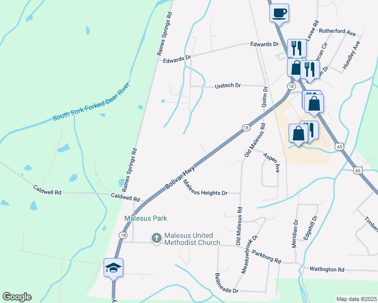 map of restaurants, bars, coffee shops, grocery stores, and more near 283 Bolivar Highway in Jackson