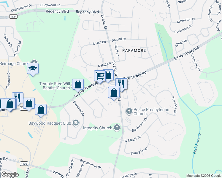 map of restaurants, bars, coffee shops, grocery stores, and more near 4024 Old Tar Road in Winterville