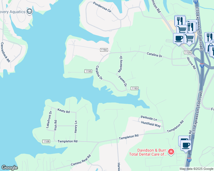 map of restaurants, bars, coffee shops, grocery stores, and more near 354 Catalina Drive in Mooresville