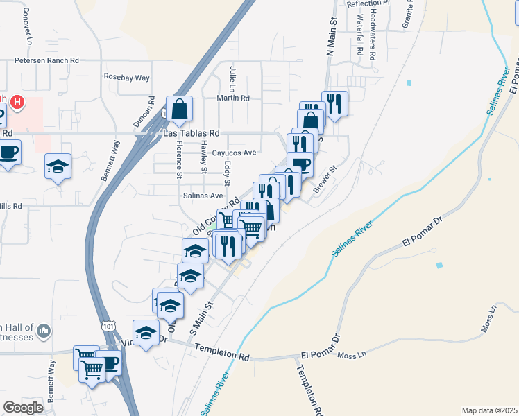 map of restaurants, bars, coffee shops, grocery stores, and more near 317 Crocker Street in Templeton